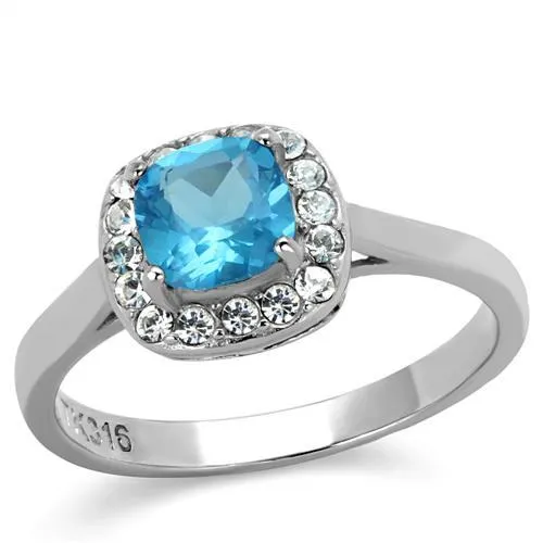 TK2161 - High polished (no plating) Stainless Steel Ring with Synthetic Synthetic Glass in Sea Blue - Grocery