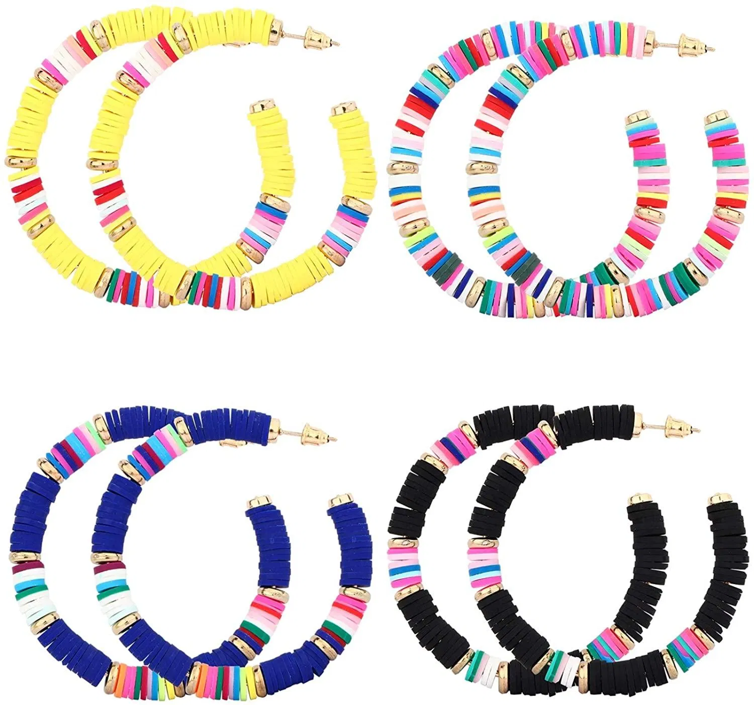4 Pairs Surfer Heishi Hoop Earrings for Women Bohemian Rainbow African Vinyl Disc Beaded Earrings Large Open Hoop Drop Earring Set Beach Jewelry - Grocery