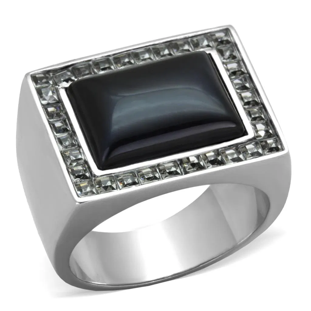 TK2065 - High polished (no plating) Stainless Steel Ring with Synthetic Cat Eye in Smoked Quartz - Grocery
