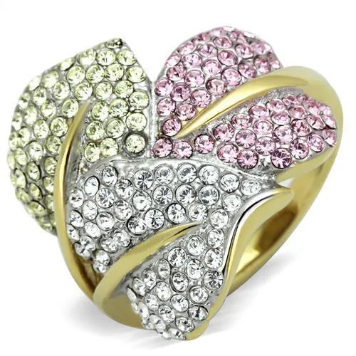 TK1441 - Two-Tone IP Gold (Ion Plating) Stainless Steel Ring with Top Grade Crystal in Multi Color - Grocery