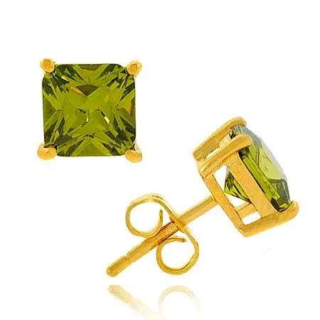 18K Gold over Sterling Silver Olive CZ 7mm Square Stud Earrings - Grocery