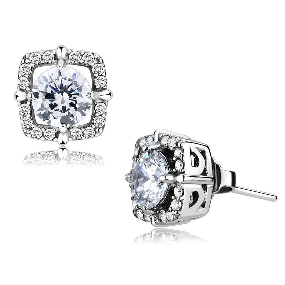 DA070 - High polished (no plating) Stainless Steel Earrings with AAA Grade CZ in Clear - Grocery