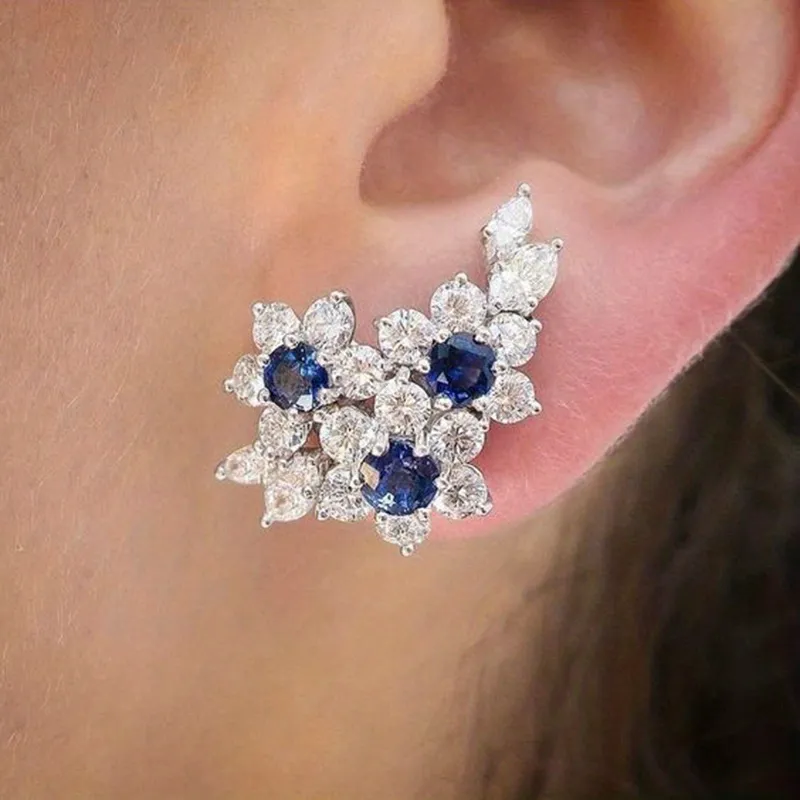 Flower Shape 925 Silver Plated Inlaid Blue Sapphire Stud Earrings For Women Party Wedding Banquet Ear Climber Earrings - Grocery