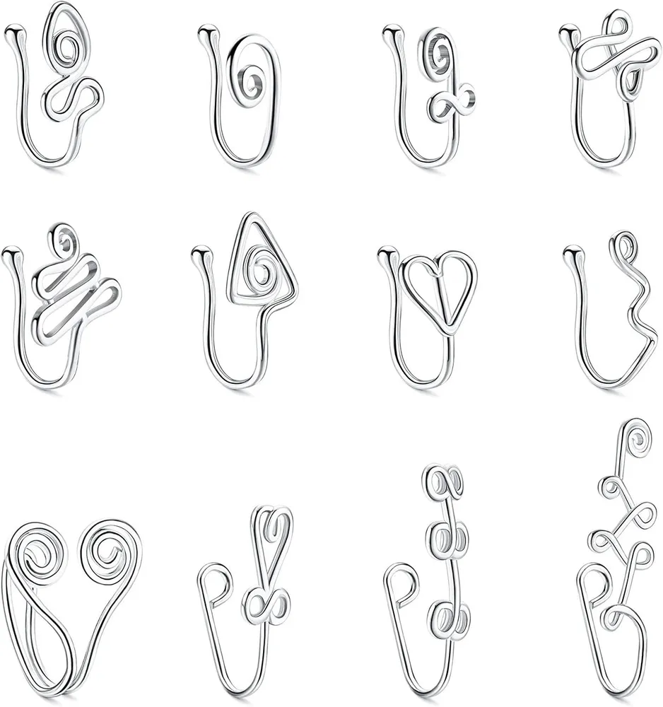 16Pcs Fake Nose Rings for Women Adjustable Comfor-Fit Clip on Nose Cuff Non Piercing African Style - Grocery