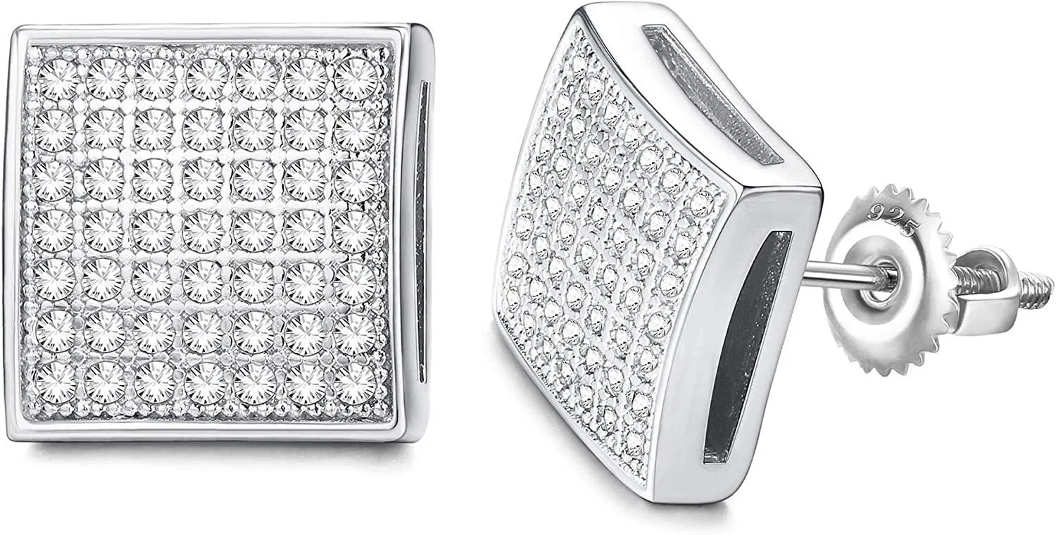 14K Gold Plated Iced Out Large Square Stud Earrings with 925 Sterling Silver Screw Back for Men Women Cubic Zirconia Hip Hop Jewelry - Grocery