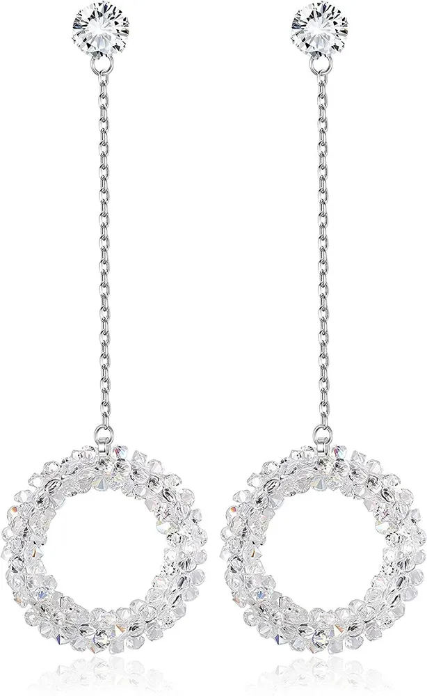 925 Sterling White Circle Earrings Austria Crystal Drop Dangle Earrings Round Earrings for Her - Grocery