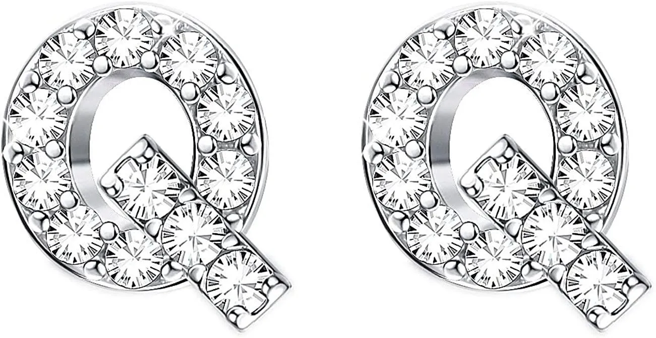 925 Sterling Silver Initial Stud Earrings Minimalist 26 Alphabets Letter Earrings Made with Austria Crystals - Grocery
