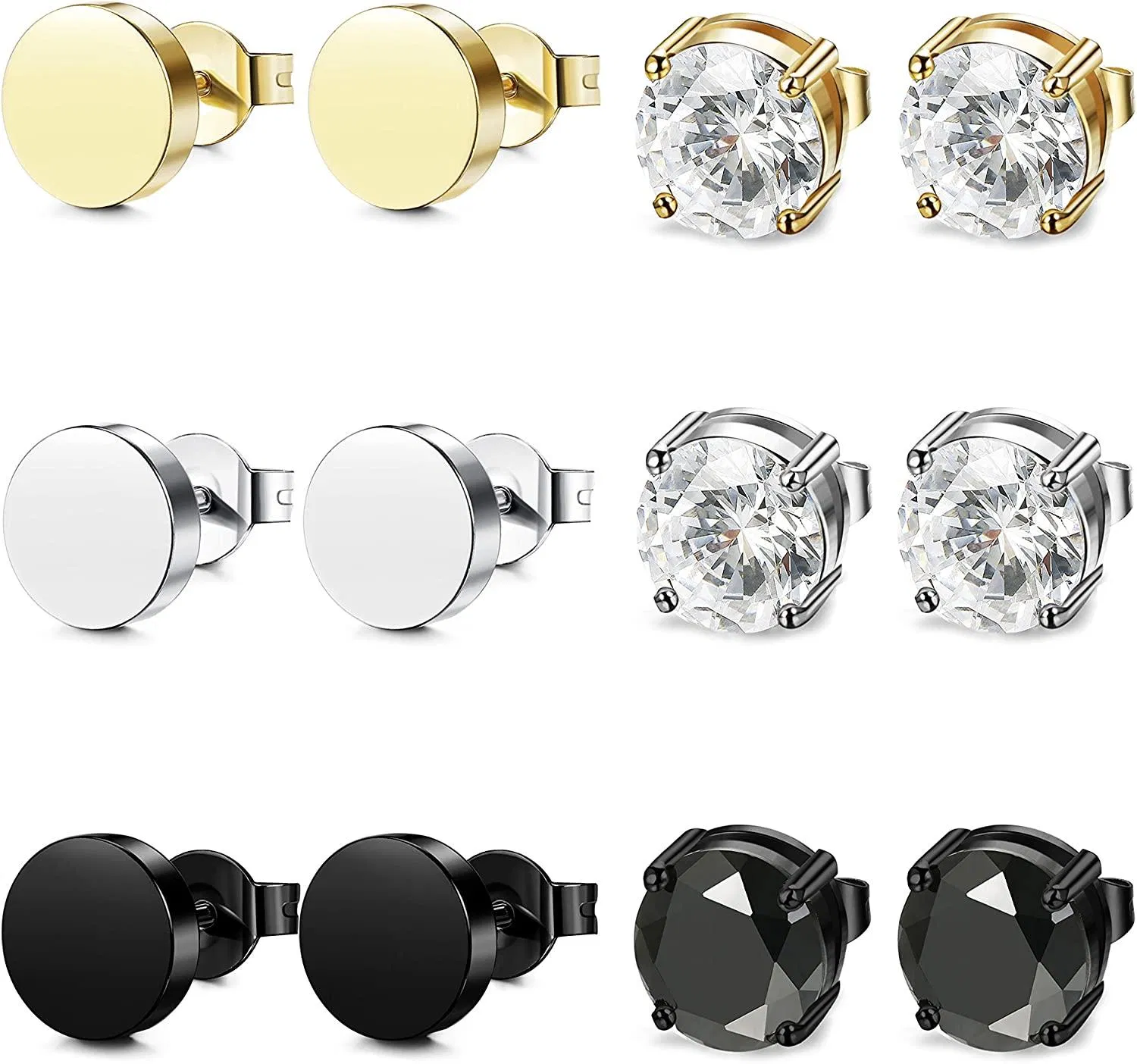 6 Pairs Stainless Stud Earrings for Women Men Circle CZ Earrings 4MM - Grocery