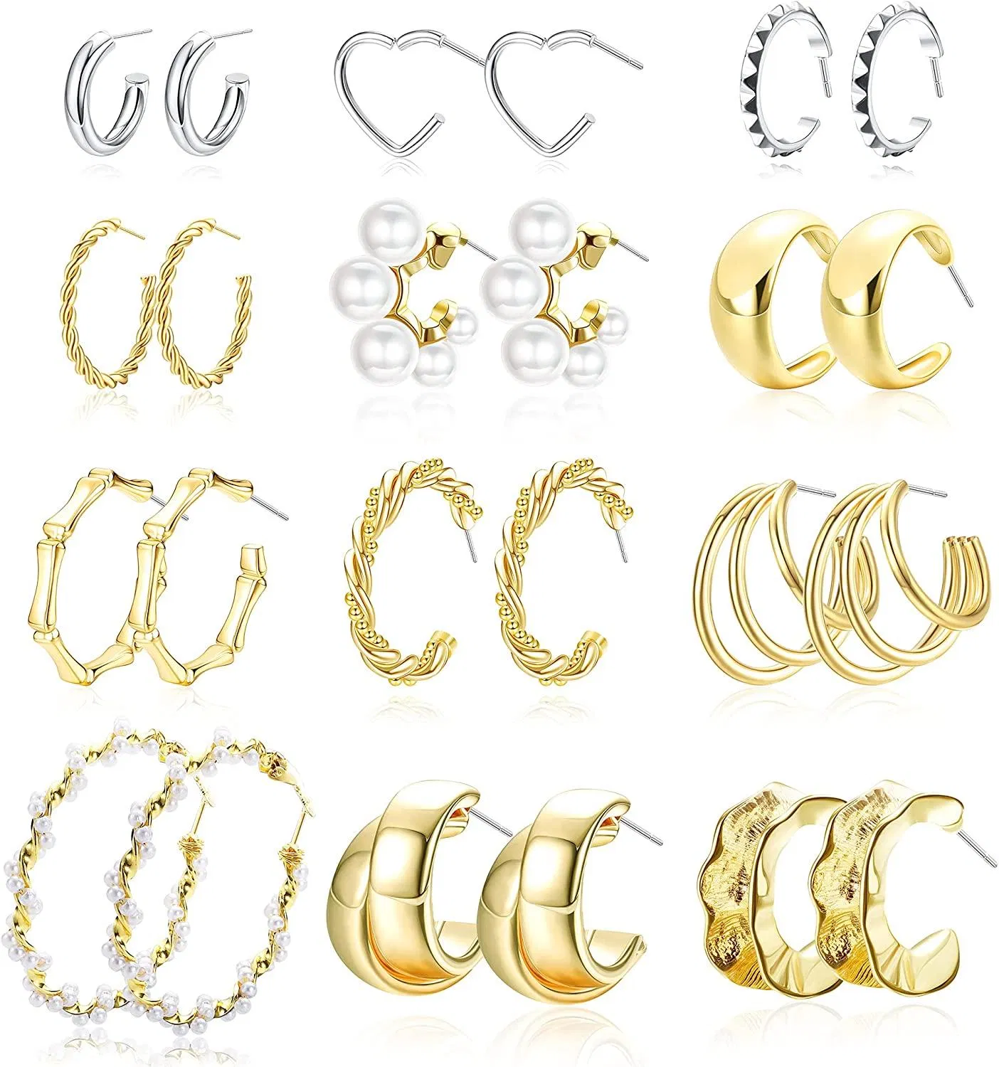 12 Pairs Open Hoop Earrings Set for Women Twisted Rope Hoop Pearl Split Huggie Earring Stainless Steel Chunky Hoop Jewelry - Grocery