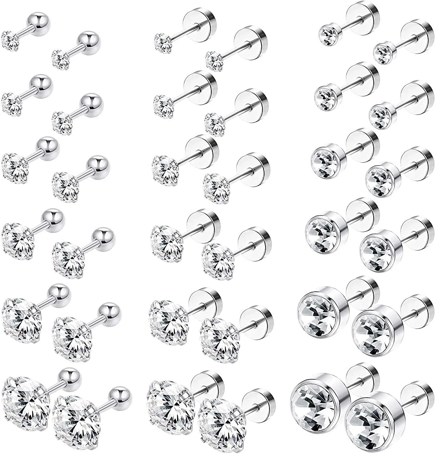 18G 18 Pairs Stainless Steel Screwback Cartilage Stud Earrings for Men Women Flatback Tragus Helix Ear Stud Piercing Earrings Set - Grocery