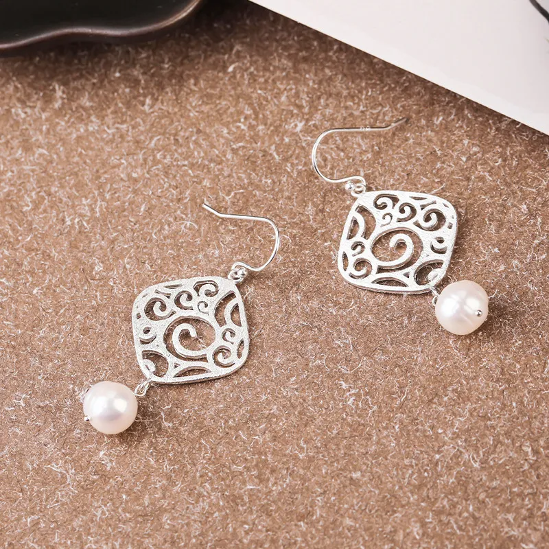 S925 Silver Earrings Natural Freshwater Pearls Baroque Pearl Earrings Brushed Retro - Grocery