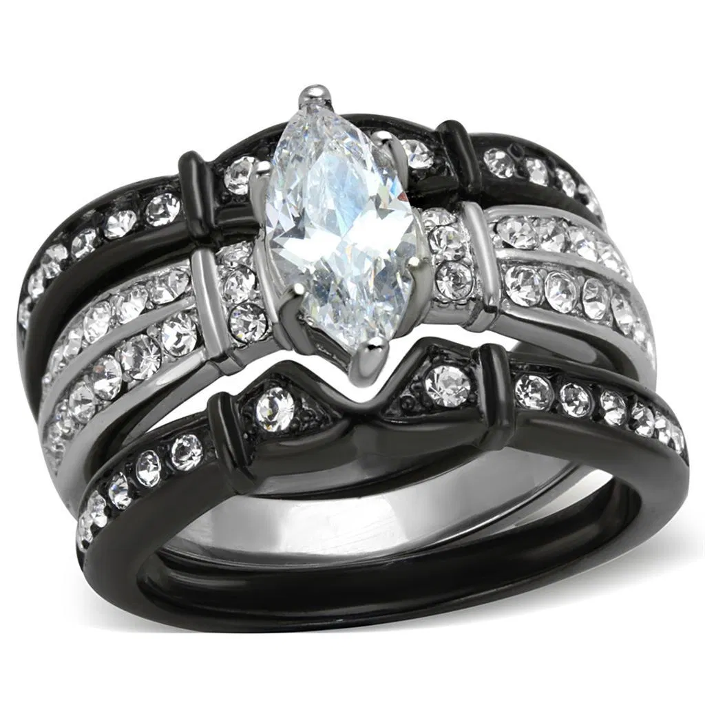 TK1922 - Two-Tone IP Black Stainless Steel Ring with AAA Grade CZ in Clear - Grocery