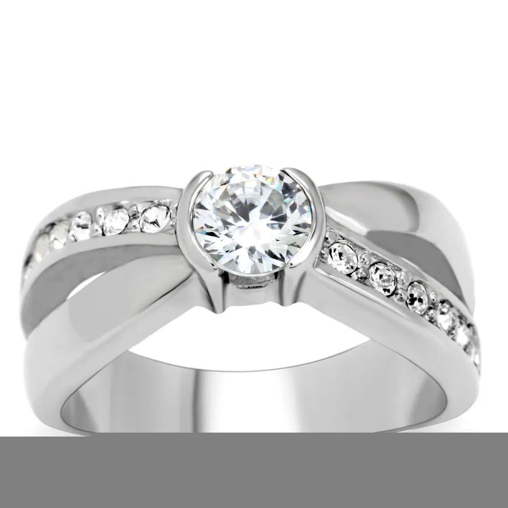 TK214 - High polished (no plating) Stainless Steel Ring with AAA Grade CZ in Clear - Grocery