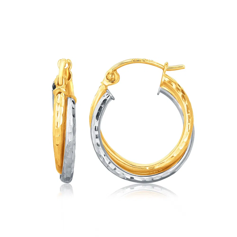 14k Two-Tone Gold Interlaced Hoop Earrings with Hammered Texture - Grocery