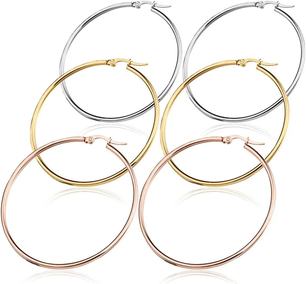 3 Pairs Stainless Hoop Earrings Set for Women 40-60mm - Grocery