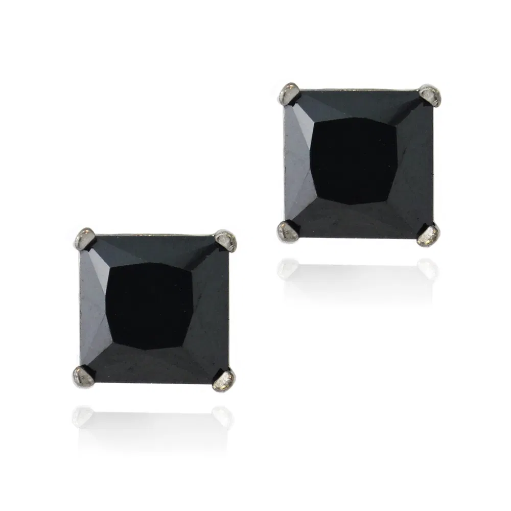 Black Rhodium Overlay Sterling Silver Black CZ 7mm Square Stud Earrings - Grocery