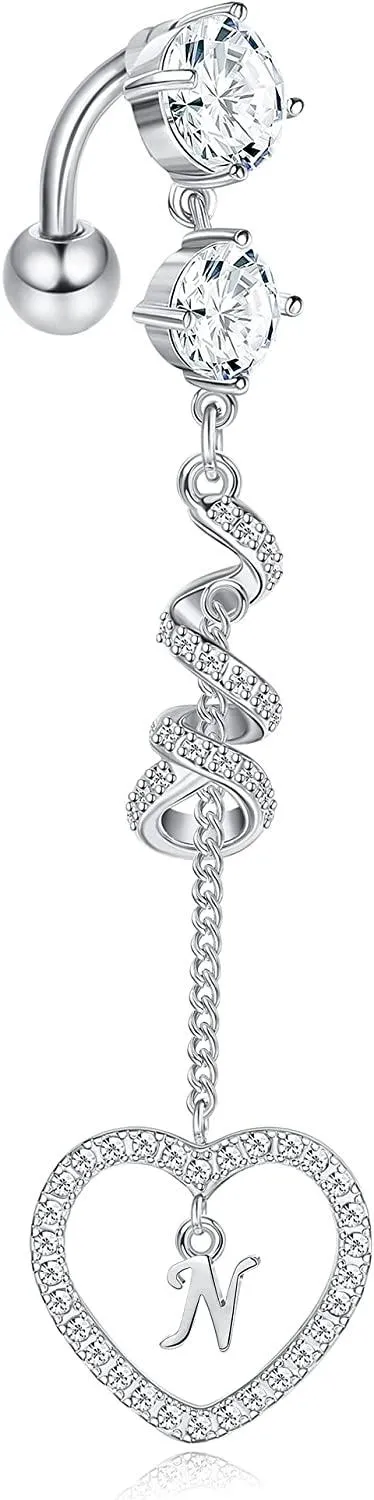 14G Belly Button Ring Dangle with Initials CZ Barbell Piercing Heart Pendant Belly Ring 316L Surgical Stainless Long Navel Ring Body for Women - Grocery
