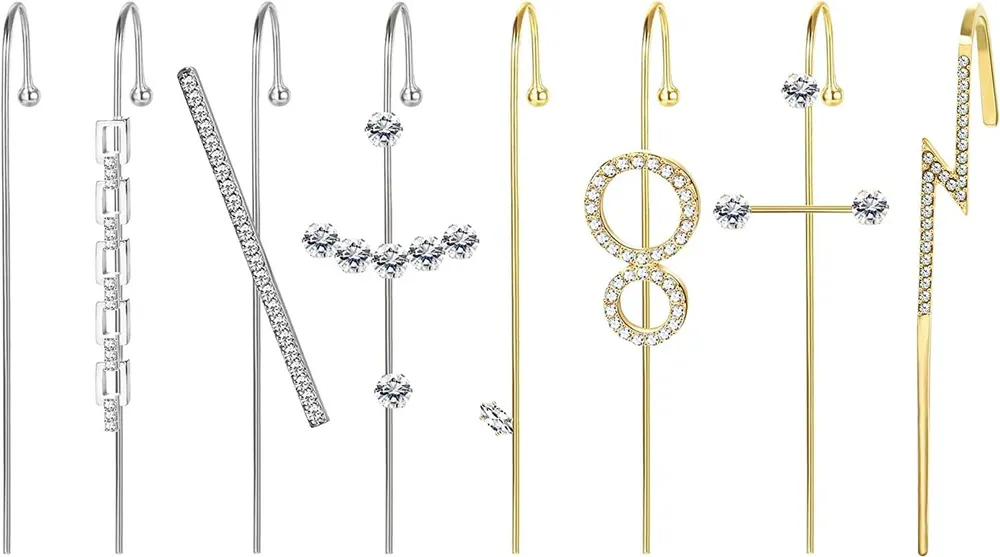 8 Pieces Ear Cuff Wrap Crawler Hook Earrings Ear for Women Long Earring Rhinestone Ear Set - Grocery