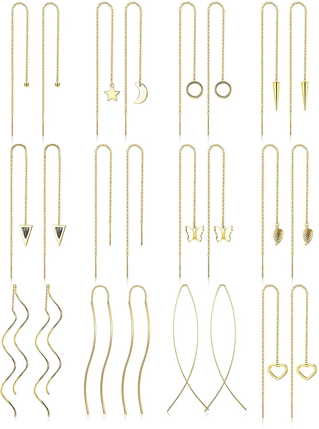 12Pairs Stainless Steel Threader Earrings for Women Chain Tassel Earrings Double Twist Wave Dangle Drop Chain Earrings Set - Grocery