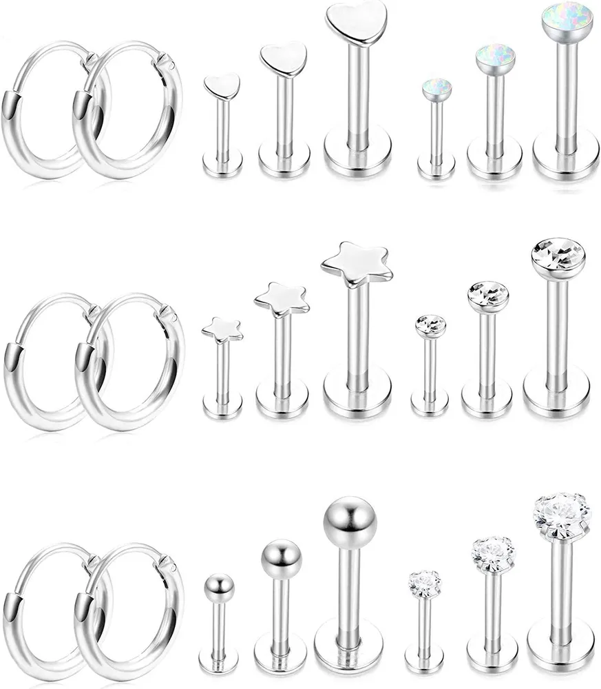 24 Pcs Stainless 16g Tragus Cartilage Piercing Earrings for Women Medusa Helix Lip Monroe Labret Piercing Jewelry - Grocery