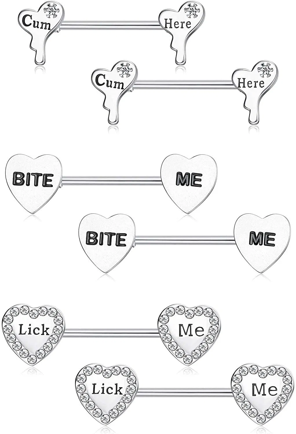 3 Pairs 14G Nipple Rings Stainless Steel Nipple Heart Shape Piercing Barbell With Carved Tongue Bars Rings Body Piercing Jewelry for Women - Grocery
