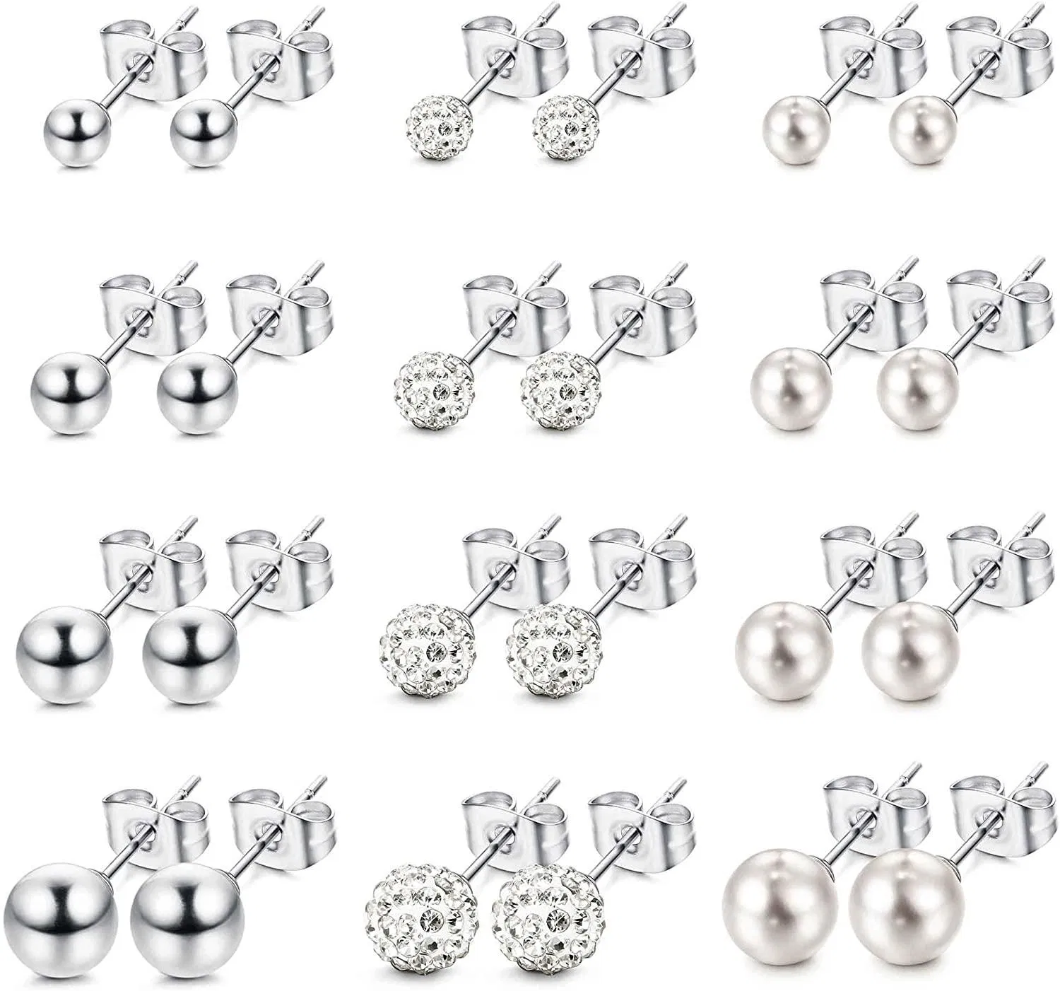 Stud Earrings for Women Stainless Round Pearl Crystal Ball Earrings Set - Grocery