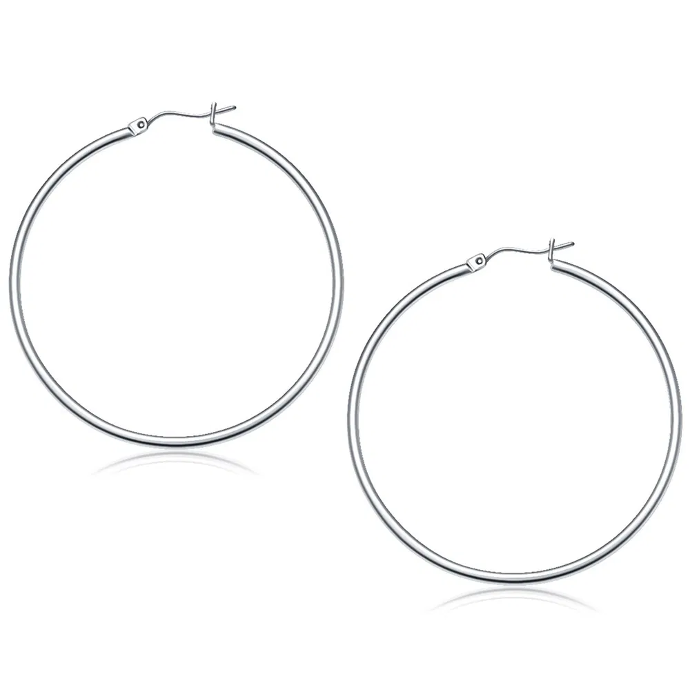 14k White Gold Polished Hoop Earrings (2x50 mm) - Grocery