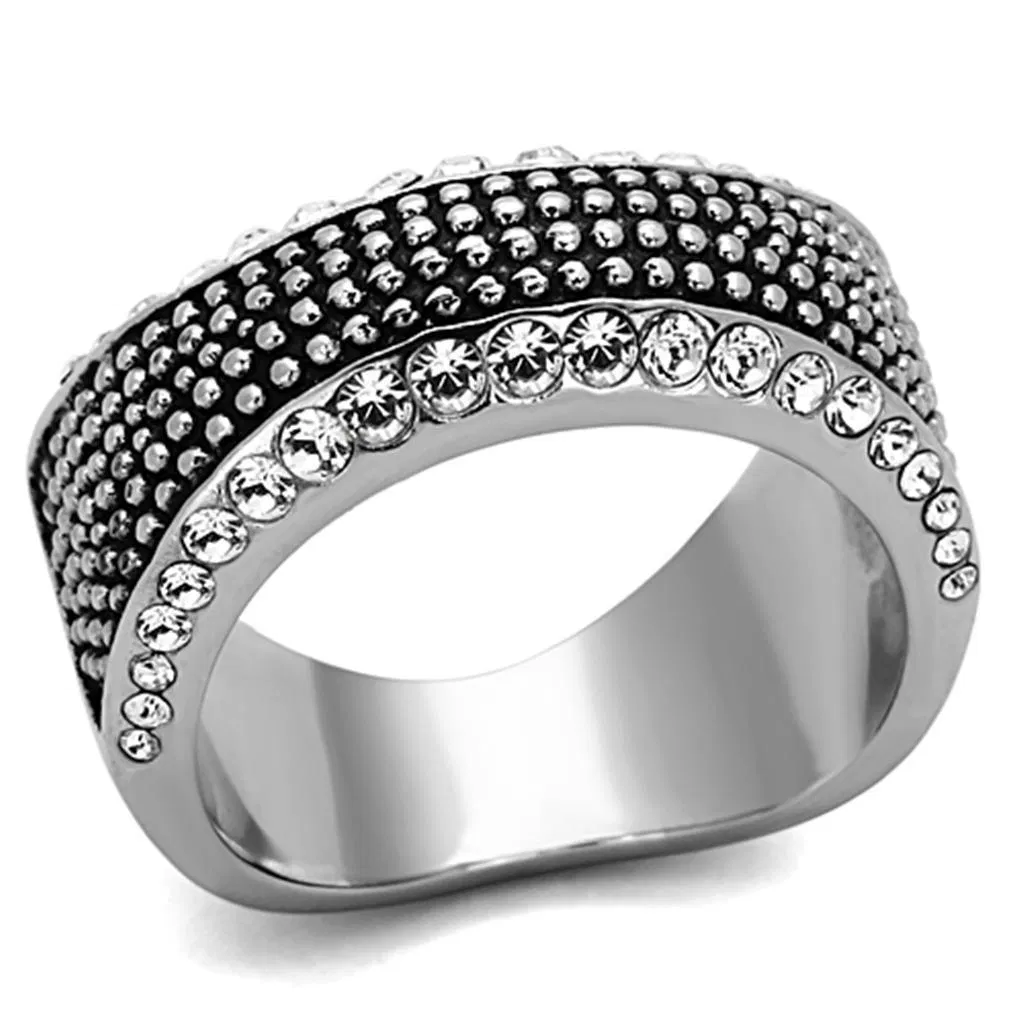 TK1216 - High polished (no plating) Stainless Steel Ring with Top Grade Crystal in Clear - Grocery