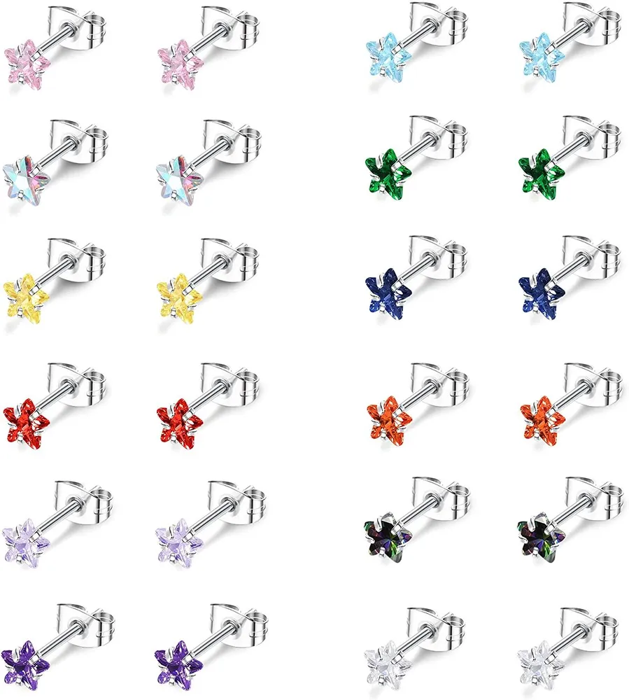 12Pairs CZ Stud Earrings for Women Men Stainless Multicolor Star Cubic Zirconia Earrings Studs Cartilage Helix Earring Stud Set - Grocery