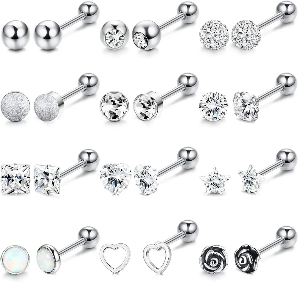 12 Pairs Tiny Cartilage Stud Earrings for Women Stainless Cubic Zirconia Earrings Heart Star Flower Barbell Piercing 4mm - Grocery
