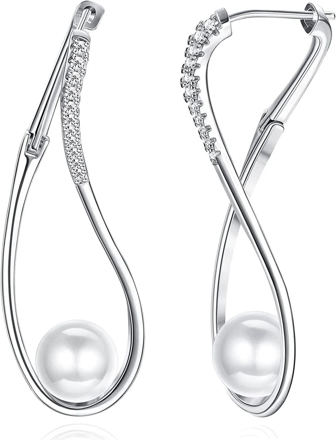 Pearl Hoop Earrings for Women Twist Oval Hoop Earrings with Cubic Zirconia - Grocery