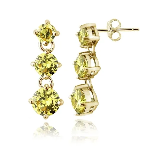 Gold Tone over Sterling Silver Light Yellow CZ Three Stone Dangle Earrings - Grocery