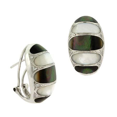 Art Deco Sterling Silver .925 Genuine Gray & White Mother of Pearl MOP Inlay, & Simulated Diamond cz Oval Omega Back Earrings - Grocery
