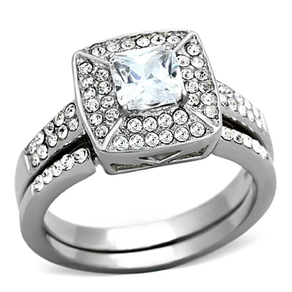 TK1088 - High polished (no plating) Stainless Steel Ring with AAA Grade CZ in Clear - Grocery