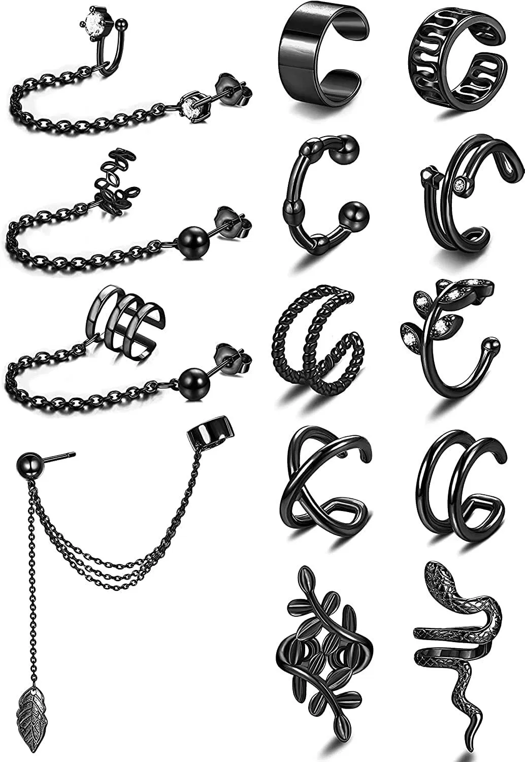 Ear Cuff Earrings for Women Cuff Chain Earring Inlaid Sparkled CZ Clip On Helix Wrap Cartilage Leaf Snake Cuff Earring Non Pierced Adjustable 14Pcs - Grocery