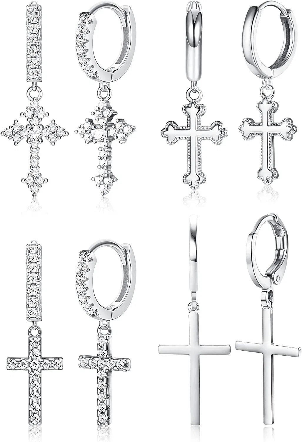 4 Pairs Cross Huggie Earrings Small Hoop CZ Cross Earrings for Women Men Minimalist Cross Charm Dangle Drop Earring - Grocery