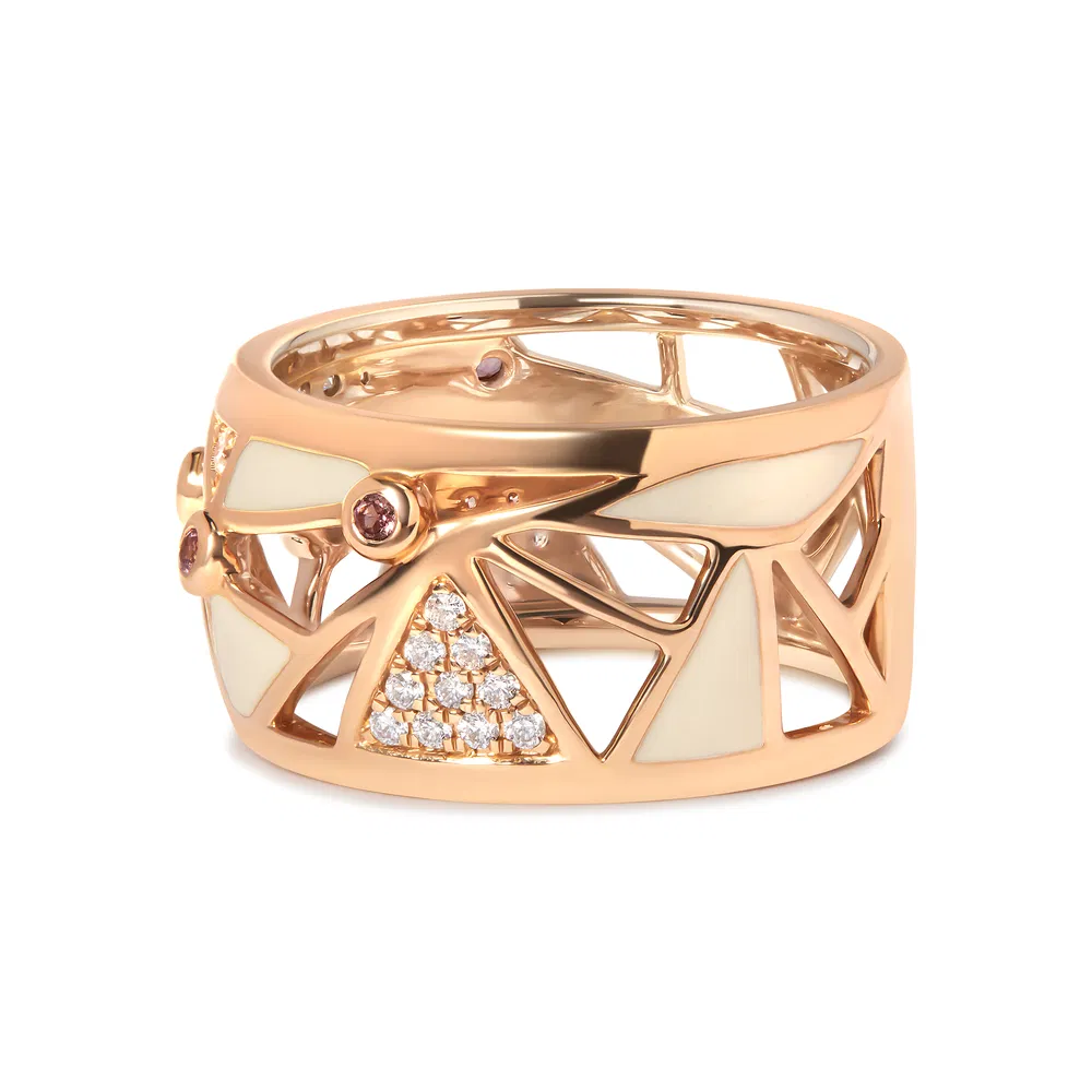 14K Rose Gold 1/3 Cttw Diamond and Pink Tourmaline Cigar Band Ring with White Enamel (G-H Color, SI1-SI2 Clarity) - Grocery