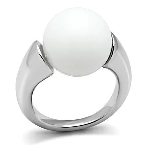 3W106 - Rhodium Brass Ring with Synthetic Glass Bead in White - Grocery