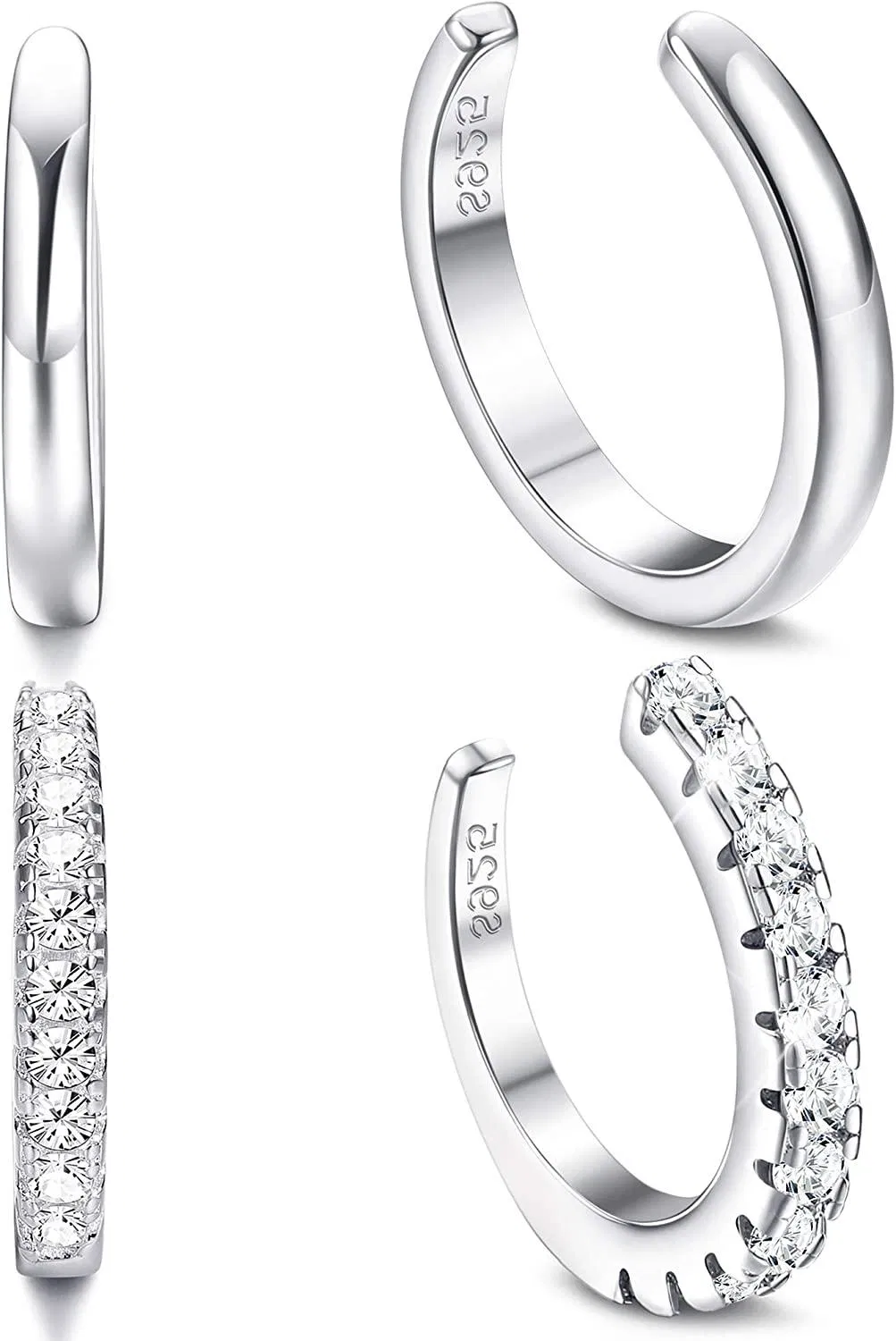 2Pairs 925 Sterling Ear Cuffs for Women Small Hoop Earrings Smooth Cubic Zirconia Paved Non-Piercing Cartilage Clip On Wrap Earring Adjustable - Grocery