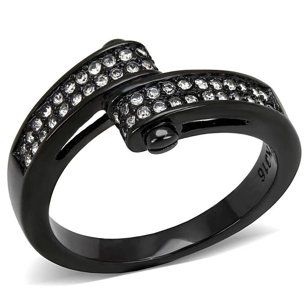 TK3049 - IP Black(Ion Plating) Stainless Steel Ring with Top Grade Crystal in Clear - Grocery
