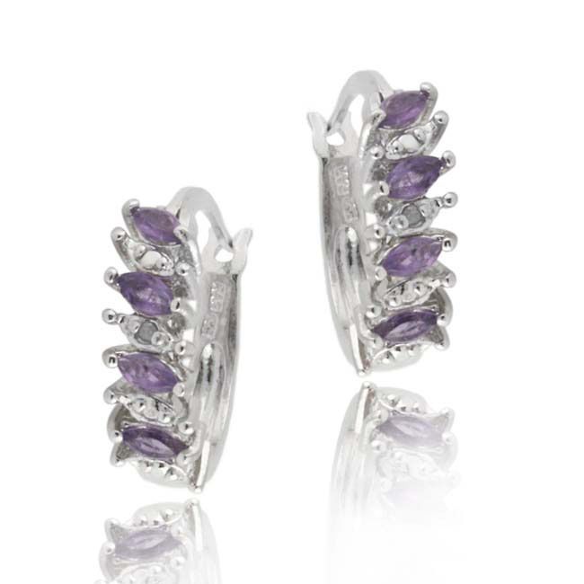 Sterling Silver .925 Genuine Amethyst Stone Marquise Cut Genuine Diamond Accent Hoop Earrings - Grocery