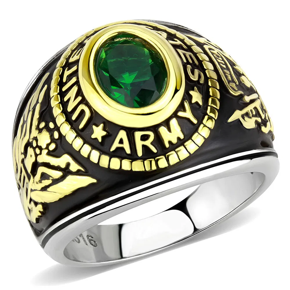 TK3724 - Two-Tone IP Gold (Ion Plating) Stainless Steel Ring with Synthetic Synthetic Glass in Emerald - Grocery