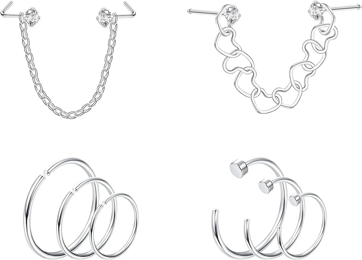 20G Nose Ring Chain Piercing Nostril Jewelry Set 316L Stainless Nose Stud Heart Nose Chain Dangle Double Nose Bone Nose Hoop Piercing - Grocery