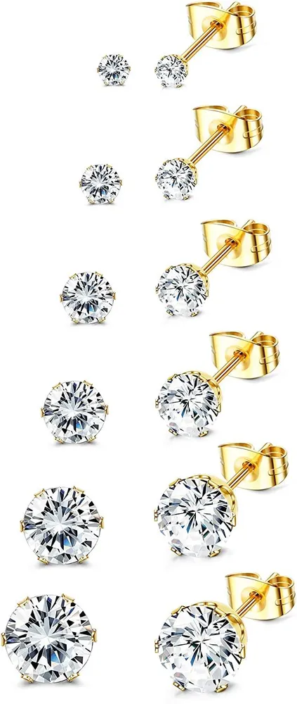 6Pairs Cubic Zirconia Stud Earrings for Men Women Hypoallergenic Stainless Steel Round CZ Stud Eearrings 3-8MM - Grocery