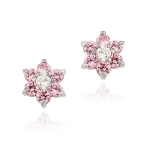 Sterling Silver Pink CZ and Simulated Diamond CZ Flower earrings - Grocery