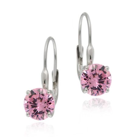 Sterling Silver Round Pink CZ Leverback Earring - Grocery
