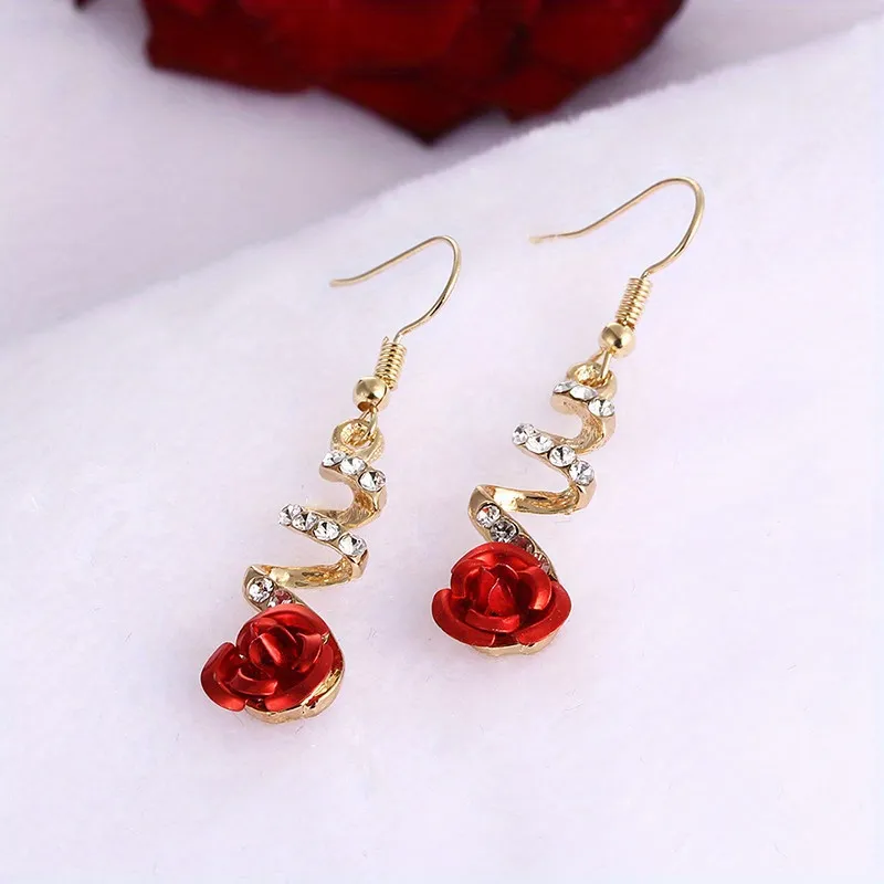 1pair Men's Creative Trendy Earrings, Elegant Red Rose Pendant, Fashionable Simple Gifts For Women - Grocery