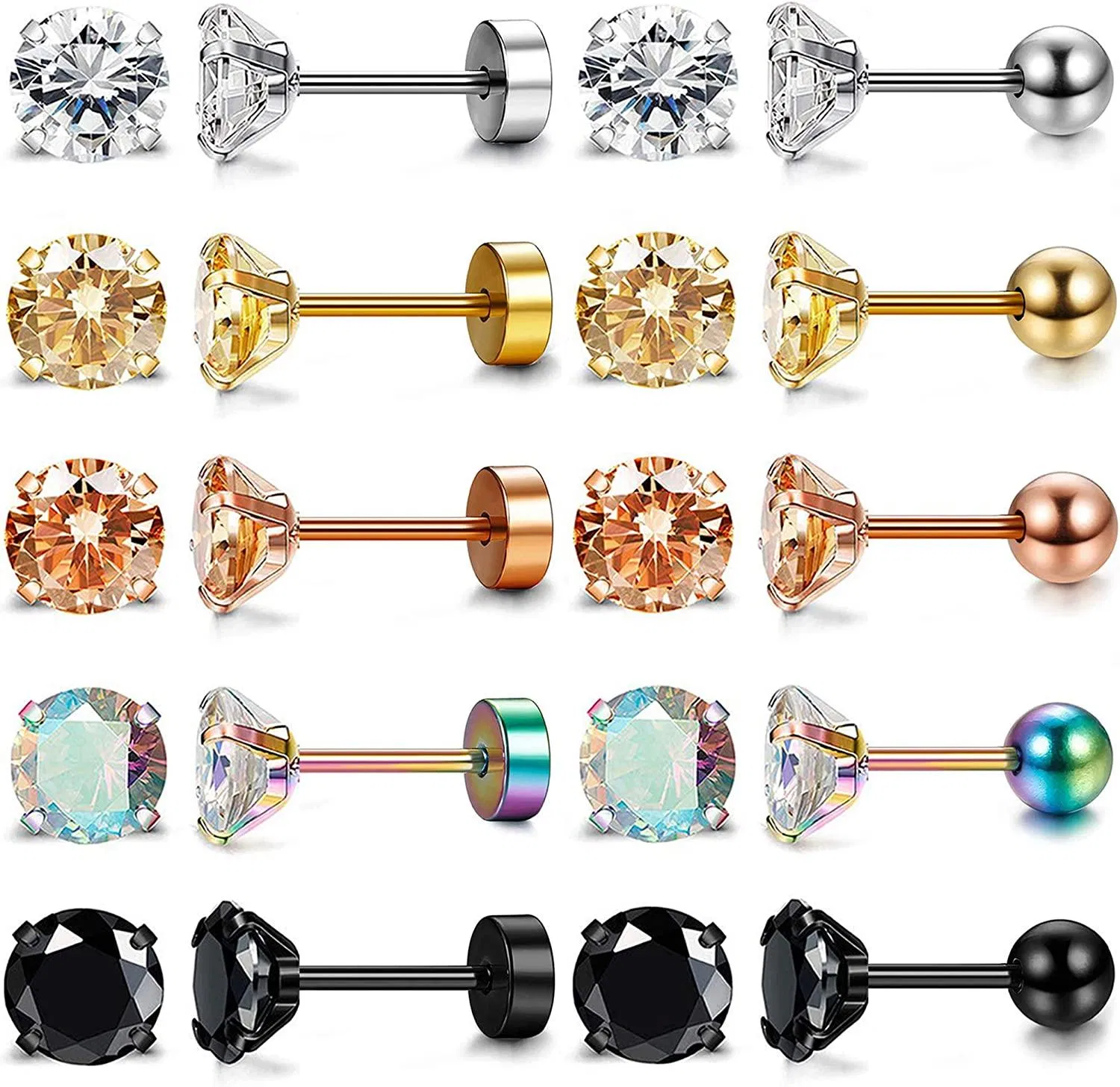 10 Pairs 18G Stainless Stud Earrings for Women Men Round Cubic Zirconia Barbell Flat Screw Back Ear Stud Piercing Set - Grocery
