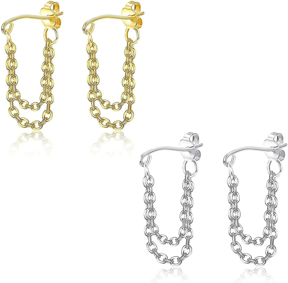2 Pairs Double Chains Earring; Minimalist Chain Cuff Earrings; Double Chains Cartilage Earring Helix Conch Piercing Jewelry Punk Style - Grocery