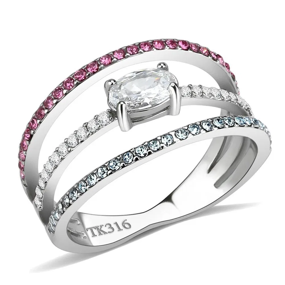 DA386 - High polished (no plating) Stainless Steel Ring with AAA Grade CZ in Multi Color - Grocery
